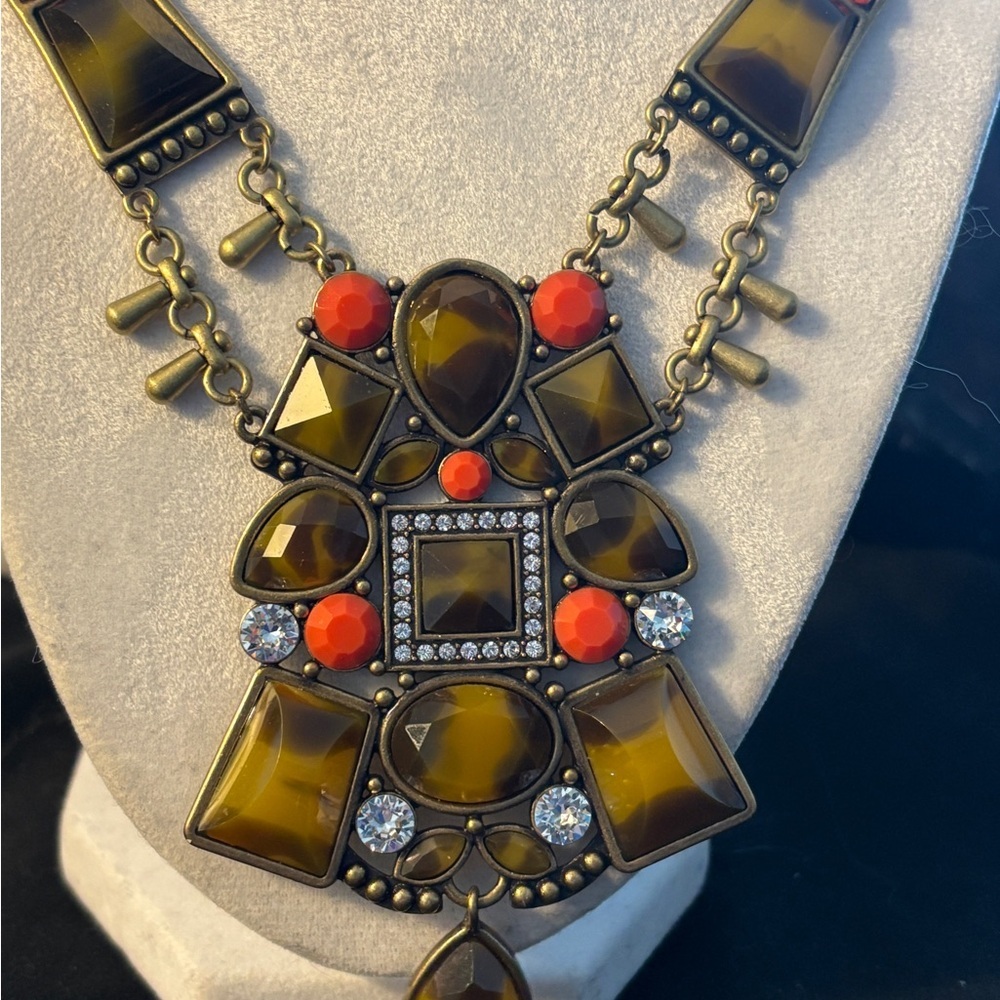 Silpada K&R Bold Statement Necklace | Bronze Tone Geometric Crystal Bib - Picture 2 of 3